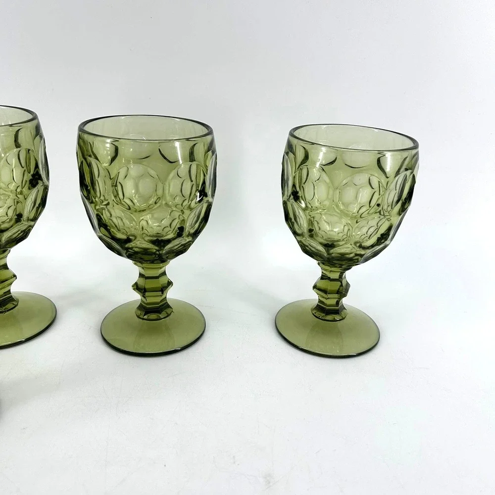 VTG Imperial Glass Avocado Green Thumbprint Goblets Set of 6 MCM Stemware